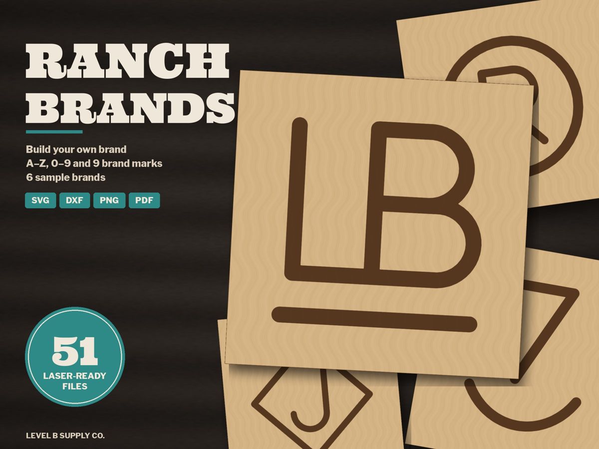 Ranch Brand Alphabet laser files: an L B bar brand and other brand letters and marks on wood