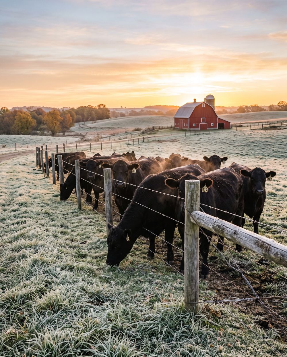 Black cattle along a fence line at sunrise, with a red barn behind